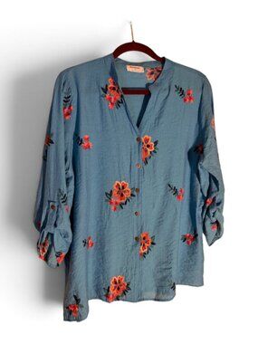 Anthropologie Kindred Turquoise Floral Embroidered Button Up Blouse Sz 2X